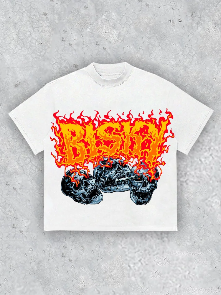 Skeleton Flame White Round Neck T-shirt
