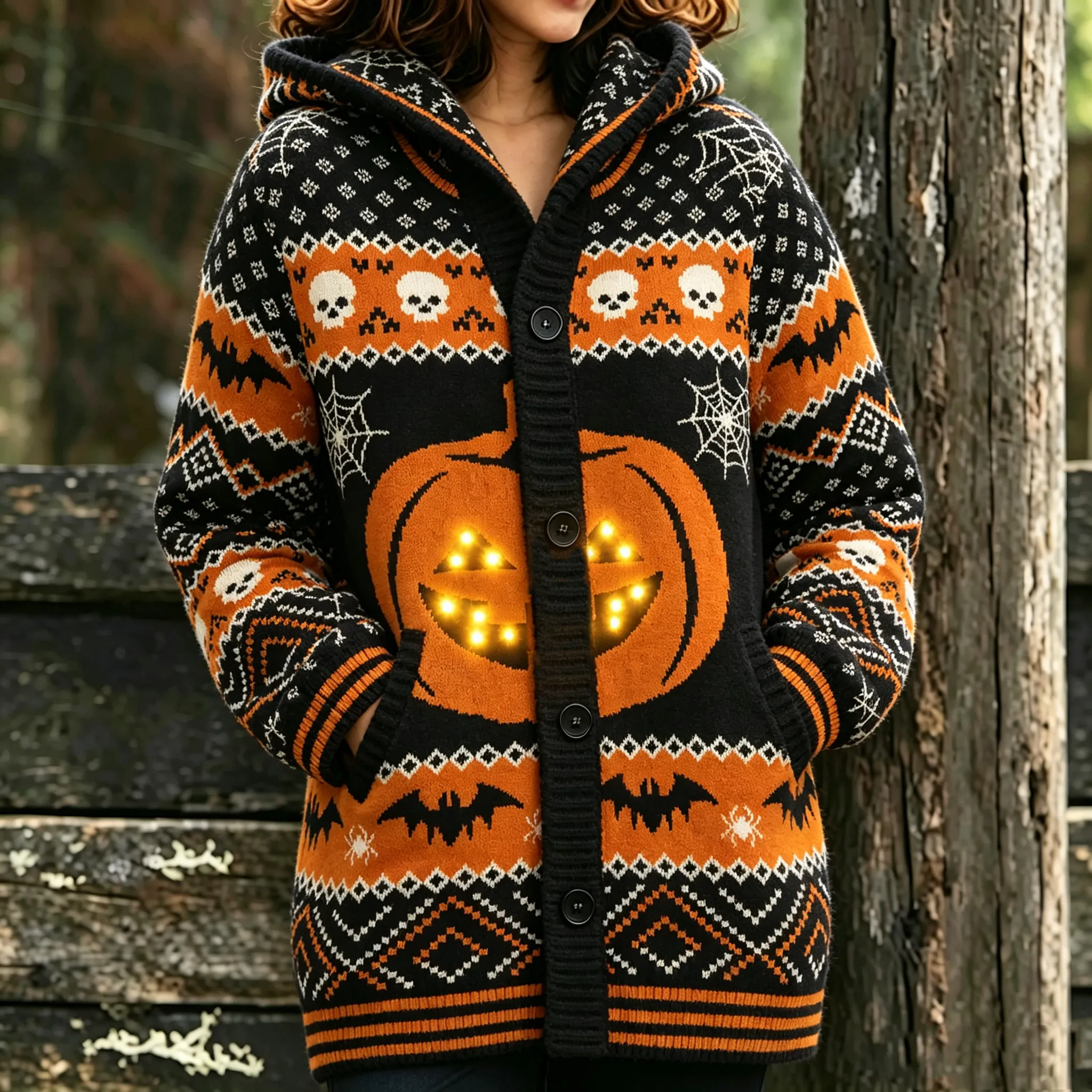 Comstylish Women's Halloween Bat Pumpkin Skull Print Hooded Cardigan Sweater
