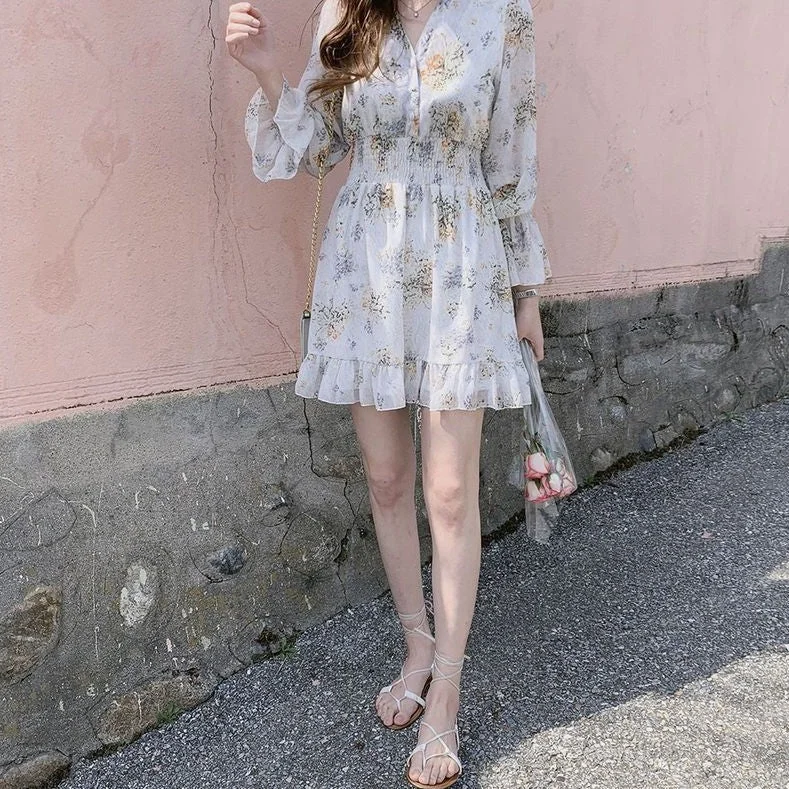 Floral Print Long-Sleeve Chiffon Mini Dress YP1800