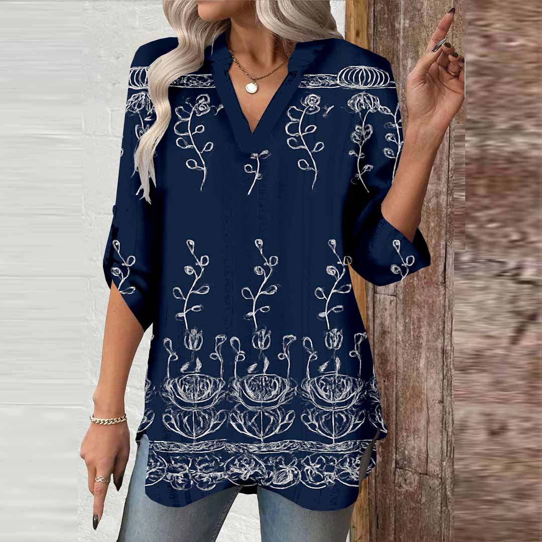 Women Floral,Blue DZGA0021 3/4 Sleeve V-neck Printed Graphic Button Tops