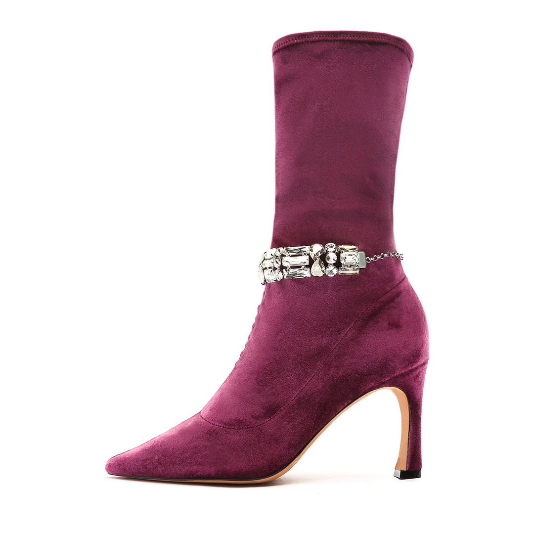 Burgundy Pointed Toe Boots Diamond Mid Knee High Boots