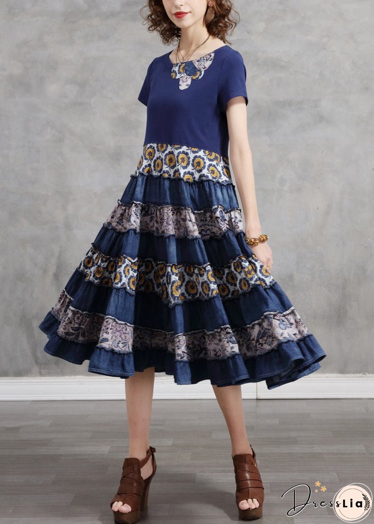 Women Blue O-Neck Patchwork Cotton Vacation Pleated Dresses Short Sleeve