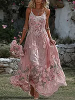 Women's Floral Roses Art Print Flowy Linen Blend Casual Suspender Maxi Dress