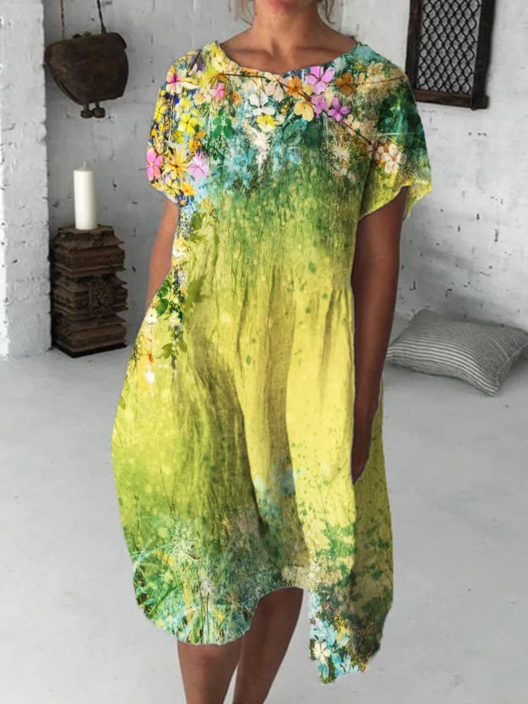 Hanging Flowers Watercolor Art Midi Dress