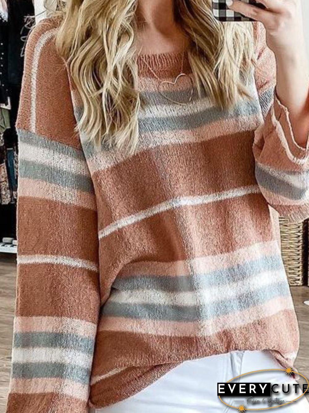 Striped Casual Autumn Polyester Natural Mid-weight Daily Long sleeve Crew Neck Sweater for Women