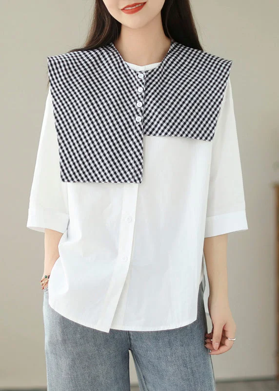 Organic White Plaid Button Shawl And Shirts Two Pieces Set Summer