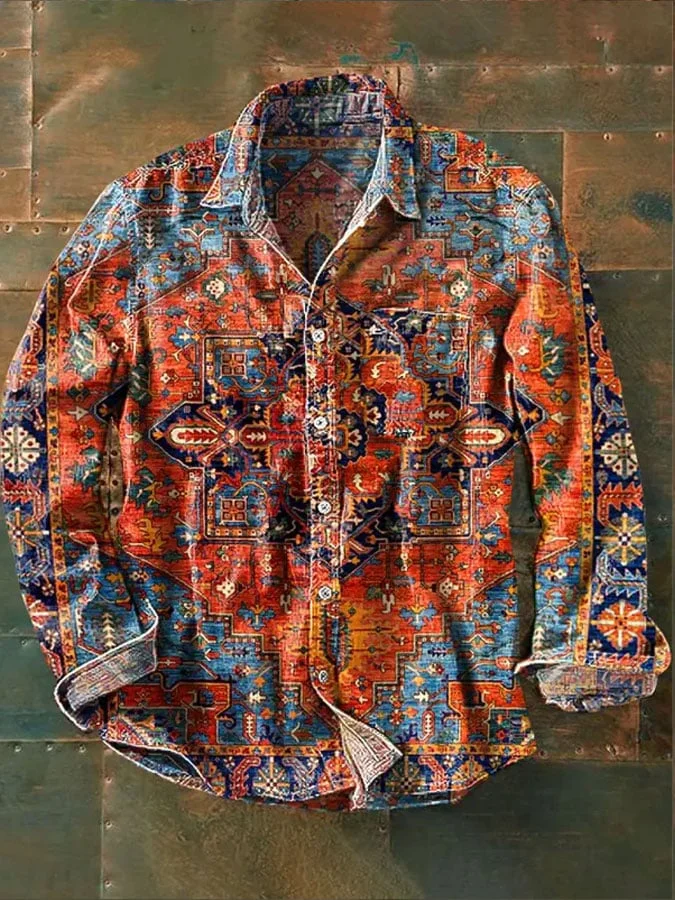 Men's Retro Ethnic Gradient Geometric Floral Art Print Long Sleeve Shirt