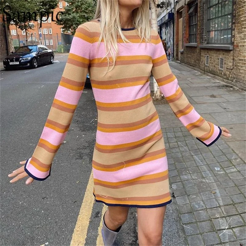 Sampic O Neck Casual Women Knitted Pullover Striped Long Sleeve Mini Wrap Sweater Dress Sexy Club Skinny Y2K Fashion Dress Party