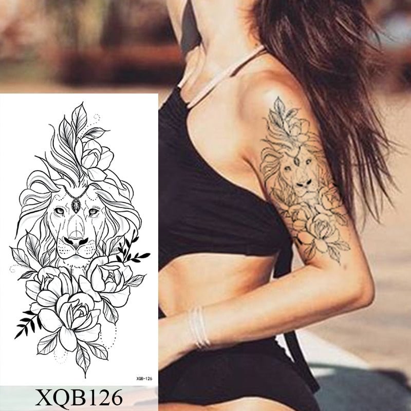 Waterproof Temporary Tattoo Sticker Lace Rose Flowers Lion Flash Tattoos Wolf Fox Body Art Arm Fake Sleeve Tatoo Women
