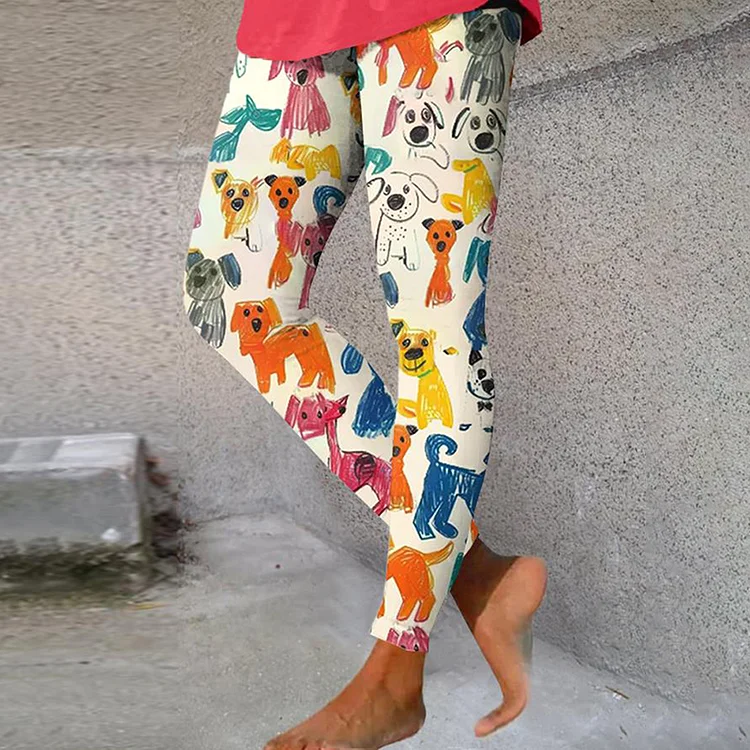 Comstylish Women's Cute Kid Drawing Dog Print Casual Stretch Pants