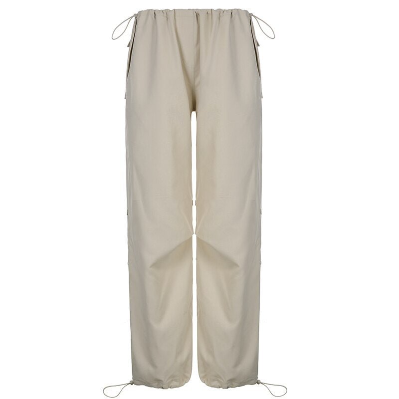 Sweetown Drawstring Low Waist Wide Leg Cargo Pants Baggy Hippie Korean Trousers Women Pocket Casual Button Streetwear Bottoms