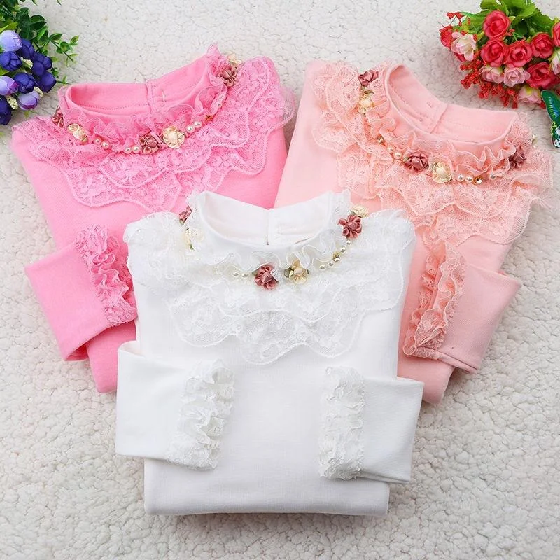 2021 Spring Autumn Cotton Children Base T Shirts Baby Girls Clothes Long Sleeve Floral Casual T Shirt Tops Kids Lace T shirt
