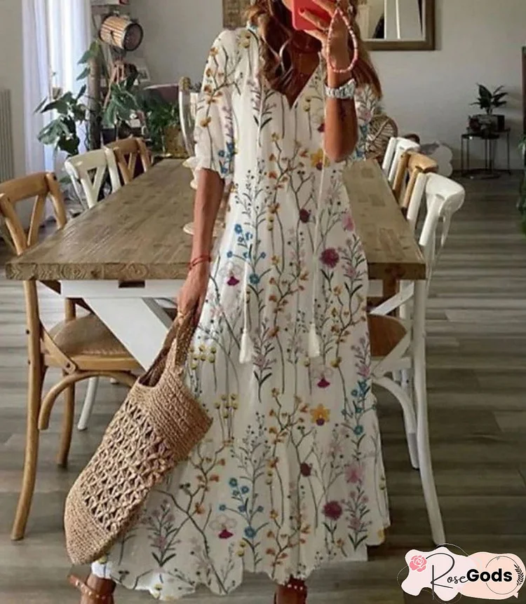 Casual Floral Half Sleeve V Neck Printed Dress