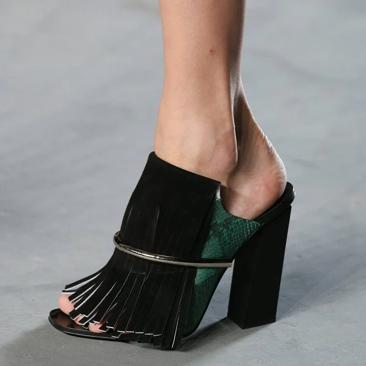 Green Python Chunky Heels Peep Toe Black Fringe Mules Shoes |FSJ Shoes