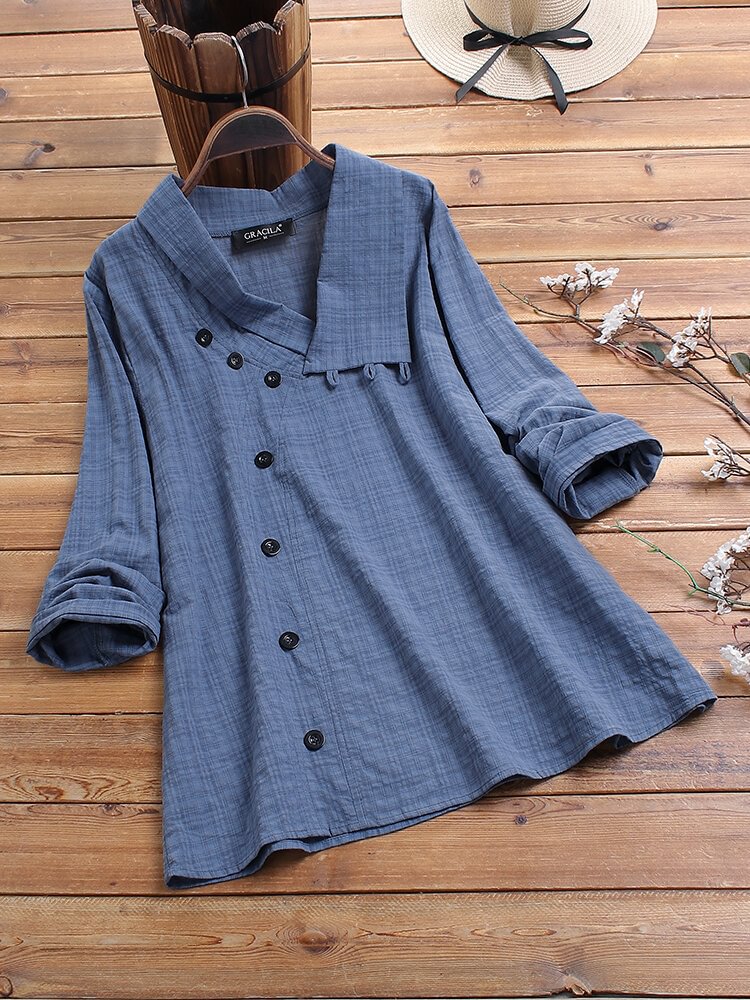 Button Plaid Print Lapel Long Sleeve Blouse For Women P1580695
