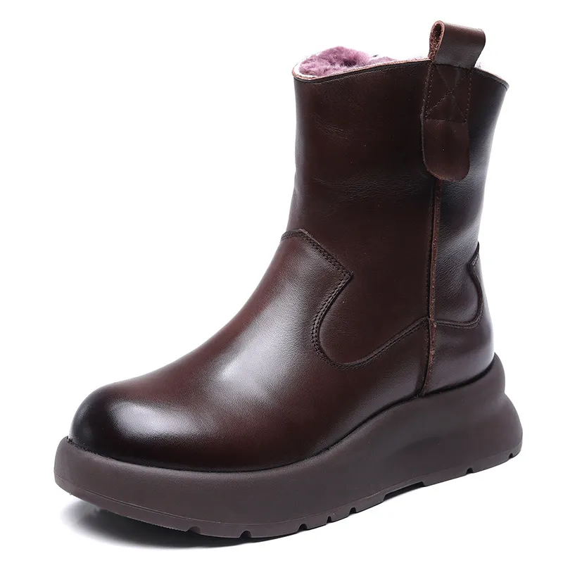 Yyvonne Cow Skin Retro Thick-Bottomed Boots Children Winter New Wool Short Boots Warm And Velvet Snow Boots