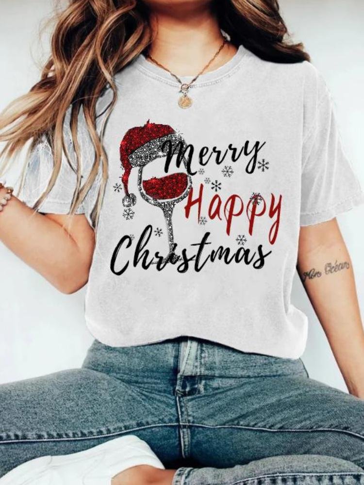 Women's Christmas Cap And Red Wine Cup Printed Short Sleeved T-Shirt
