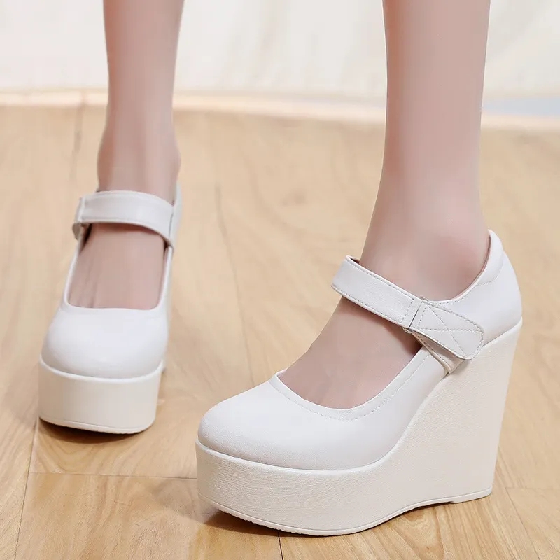 Breakj Breakj High-Slope Single-Shoe Round Cheongsam Shoes Shallow Walking Shoes Waterproof Table Thick-Soled Size 43 Magic Sticker Women's Shoes