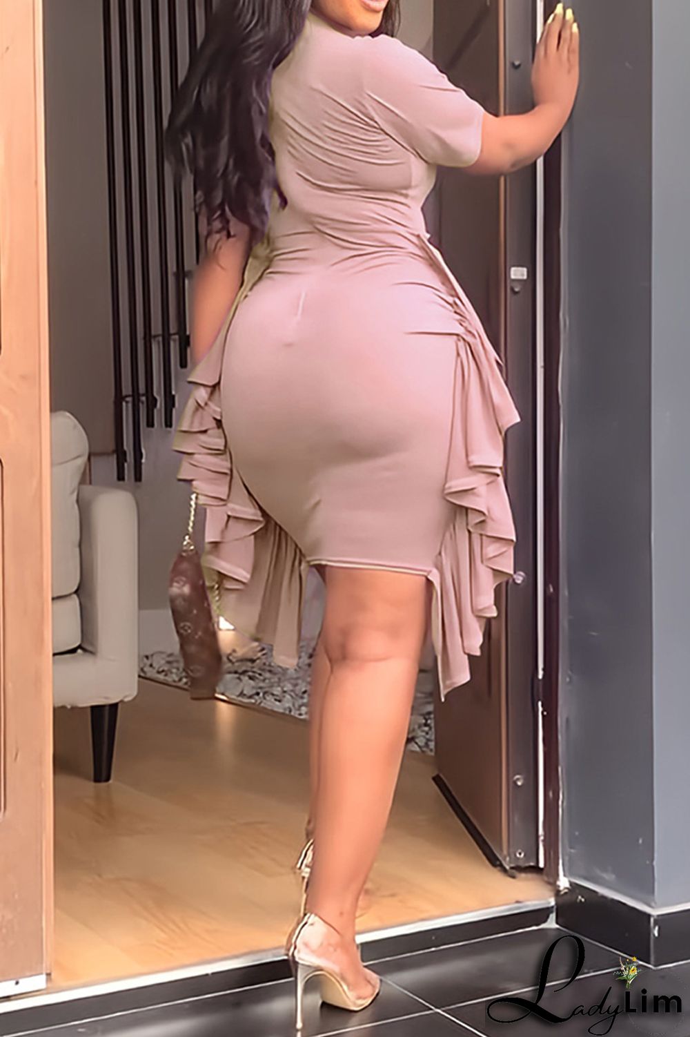 Pink Fashion Casual Solid Patchwork Fold O Neck Short Sleeve Dress