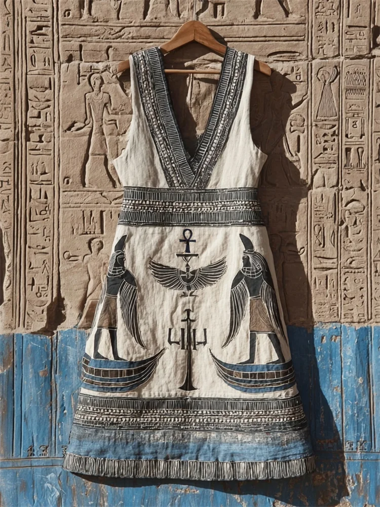 Ankh Ancient Egyptian Godness & Runes Linen Mini Dress