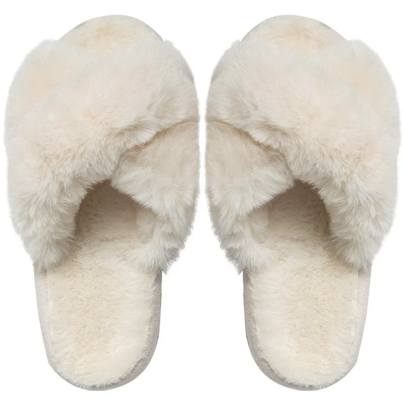 2021 Winter New Women Soft Plush Furry Cross Band 3cm Heel Fur Women Shoes Indoor Ladies Platform Open Toe Fluffy House Slippers