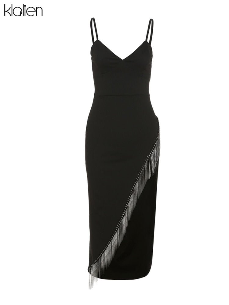 KLALIEN Fashion Elegant Senior Party Long Dress Women's Solid Slim Diamond Tassel Strap Maxi Dresses Female Club Night Vacation