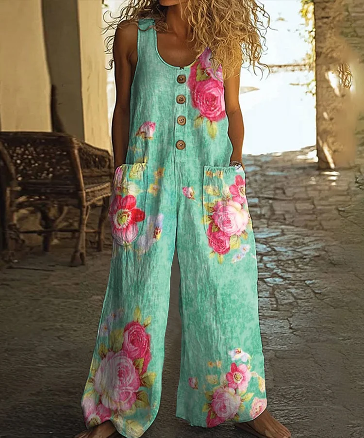 Vintage Floral Print Casual Wide-leg Jumpsuit