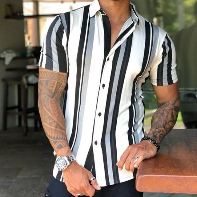 Casual striped print slim short sleeve shirt / [viawink] /