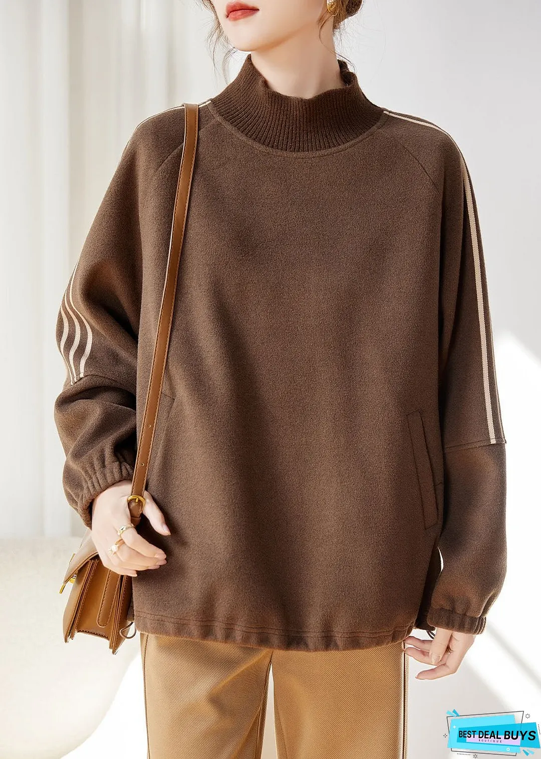 Women Khaki Striped Patchwork Drawstring Thick Pullover Fall
