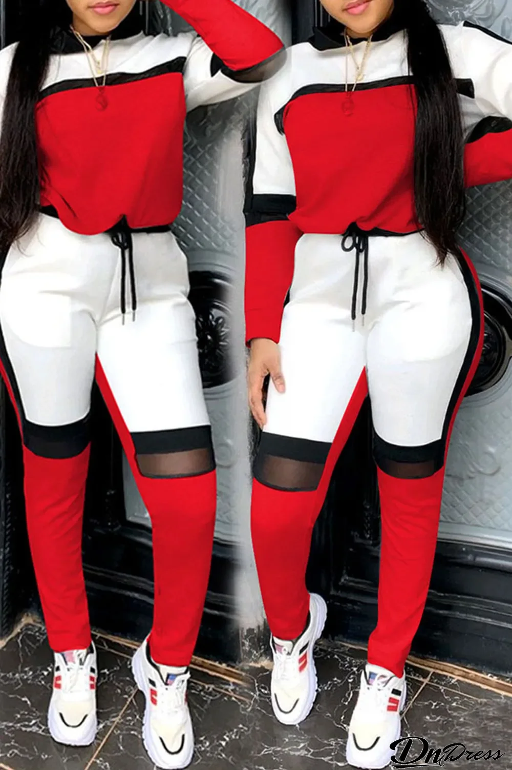 Red Street Solid Split Joint O Neck Plus Size