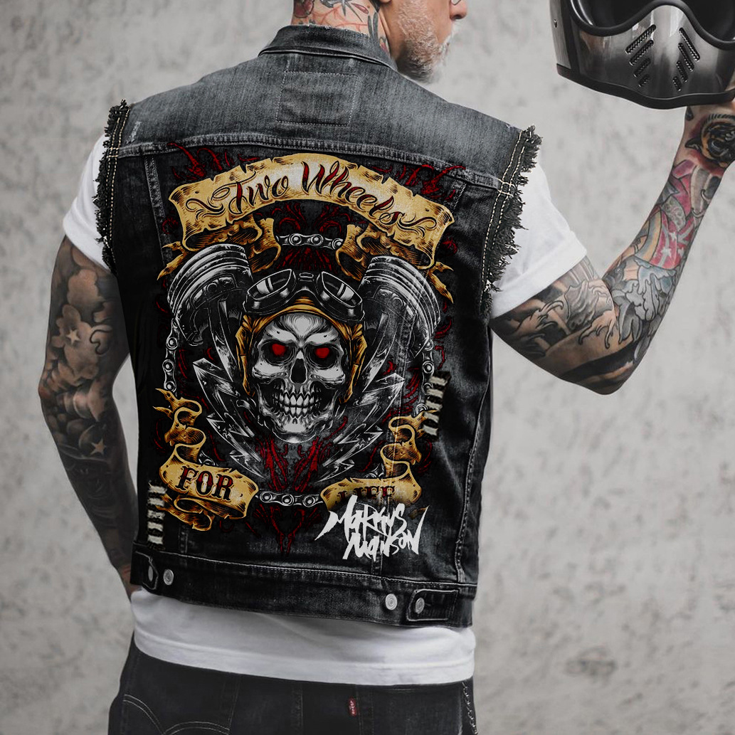 Denim Motorcycle Vest With Skull Engine Print