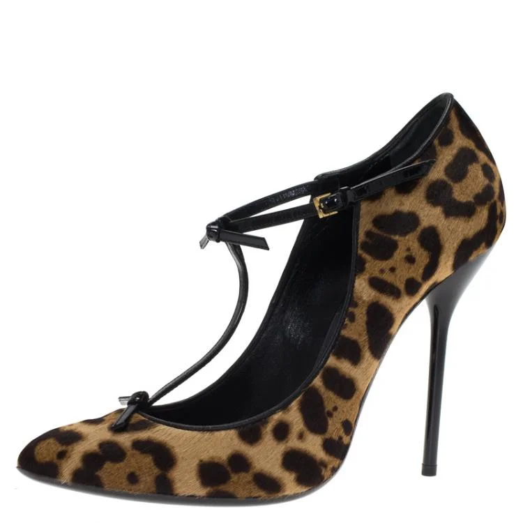 Leopard Print Calf Hair T Strap Stiletto Heel Pumps for Women |FSJ Shoes