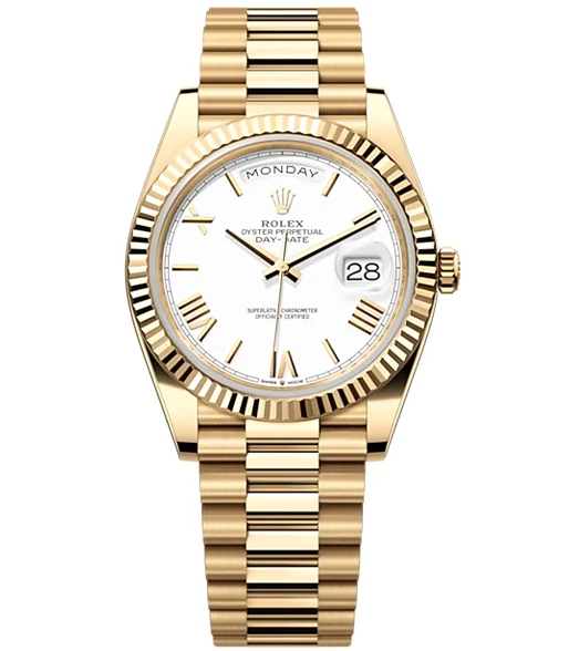 Rolex Day-Date 40 Presidential White dial, Fluted Bezel, President bracelet, Yellow gold Watch