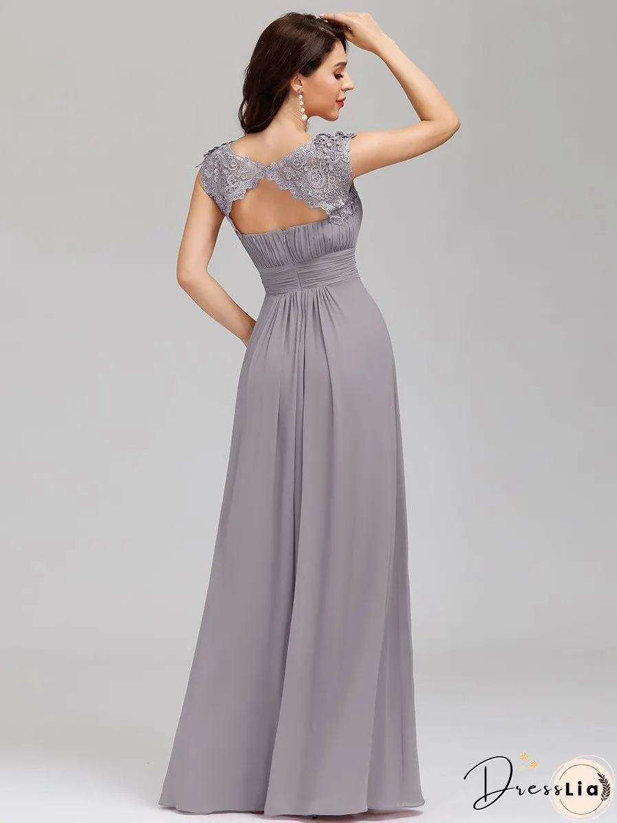 Elegant Lace Cap Sleeve Chiffon Evening Gown with Rhinestone-Embellished Neckline