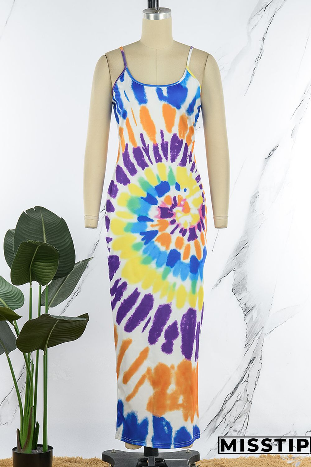 Pink Sexy Print Tie Dye Backless Spaghetti Strap Long Dress Dresses