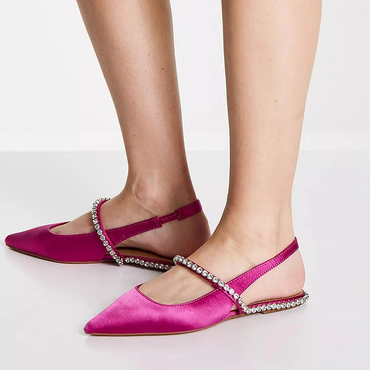 Fuchsia Pointed Slingback Shoes Women's Rhinestones Pump Velvet Flats |FSJ Shoes