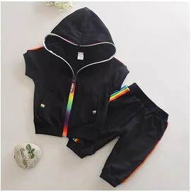 Kid Boy Girl Clothes Sportswear Summer Fashion Short Sleeve Colorful Zipper Hooded Clothing For Girls Children Outfit Set