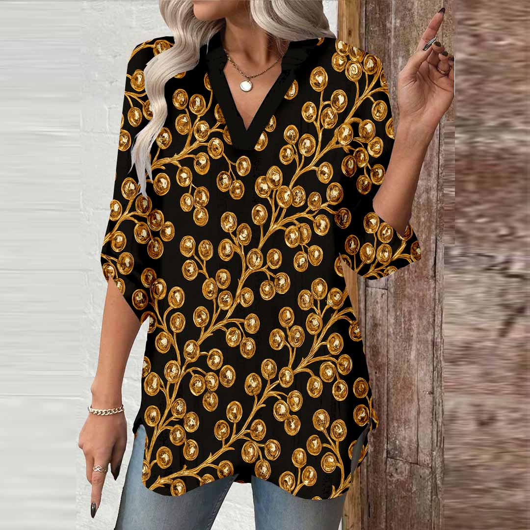 Women Baroque,Gold,Black DZGA0279 3/4 Sleeve V-neck Printed Graphic Button Tops