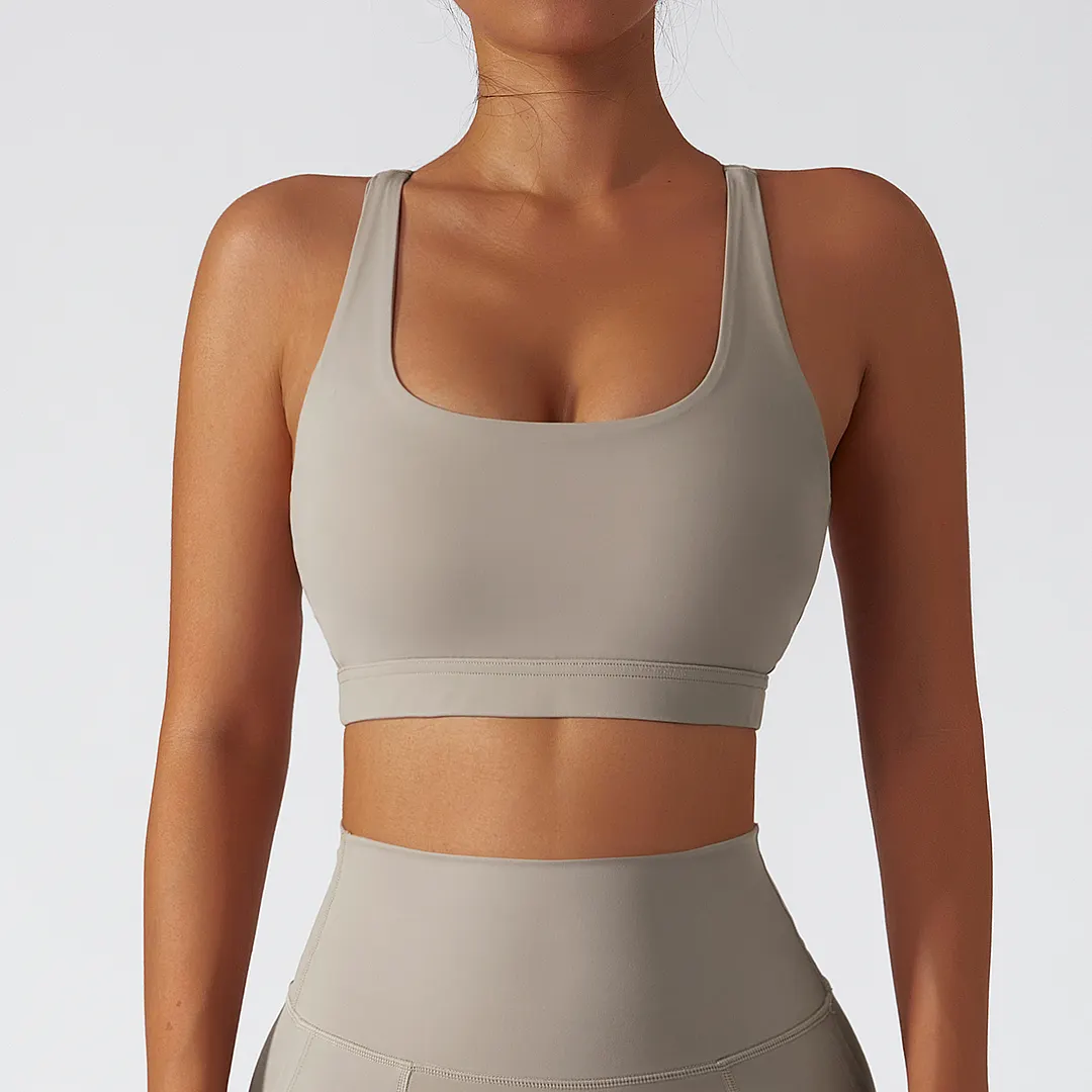 Buy Hergymclothing Oat Milk sustainable recycled 4 way stretch ethically made naked feel high support racerback running sports bra with removable online