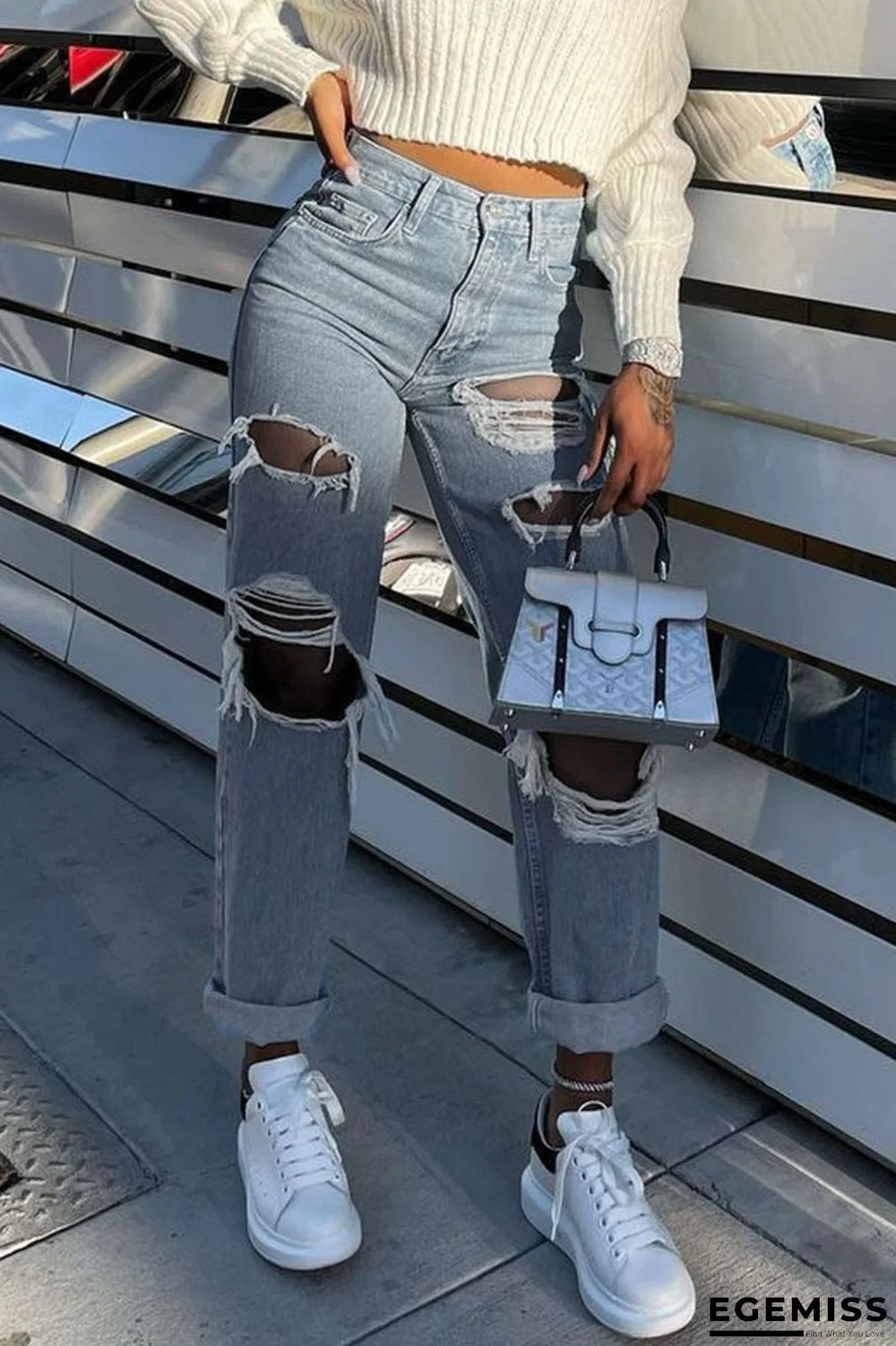Blue Gray Street Solid Make Old Mid Waist Regular Denim | EGEMISS