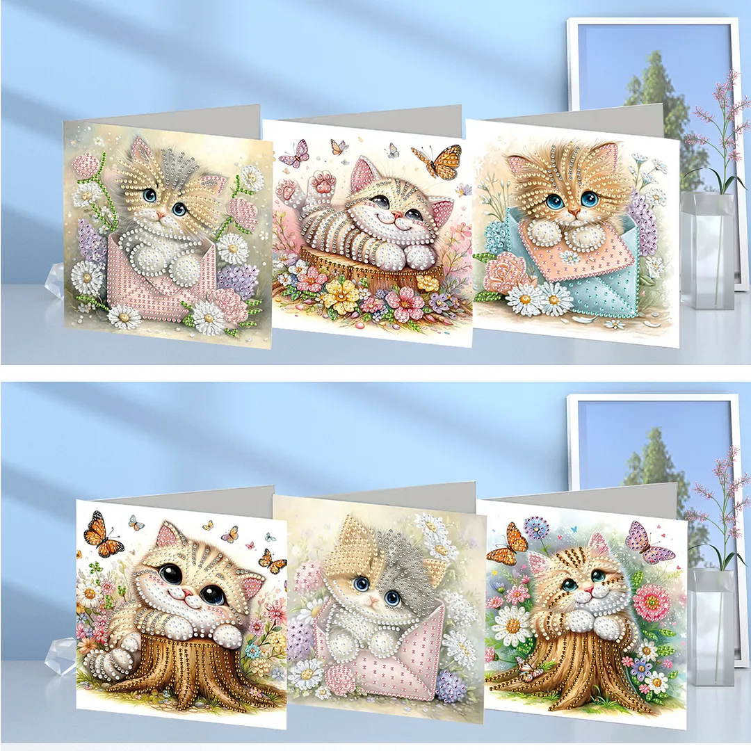 6pcs Cat And Flower Pattern DIY Diamond Painting Greeting Card Set with Envelope Diamond Painting Daily Wishing Cards for Birthdays Thanksgiving & Special Occasion