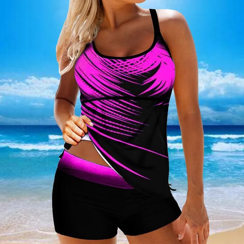 Women Leaf Printed Swimsuit Vintage Sexy Backless Tankini Set Female Summer Beach Two Pieces Swimwear Bathing Suit Plus Size 8XL