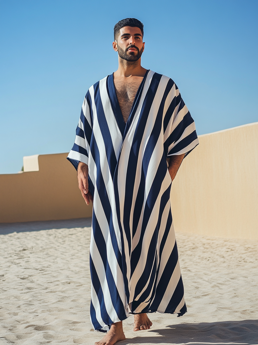 Men's Navy Striped Polyester V-Neck Robe