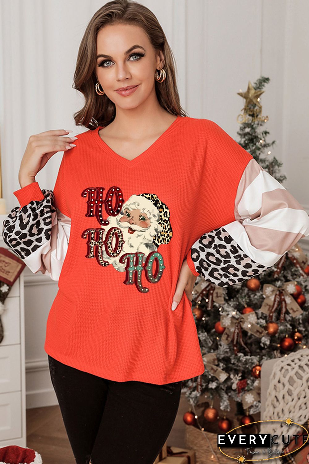 Leopard Letter Christmas Graphic Print Waffle Knit Shirt