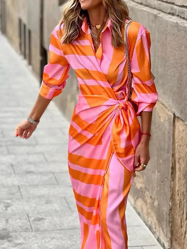 Striped Printed Knot Asymmetric Loose Long Sleeves V-Neck Maxi Dresses