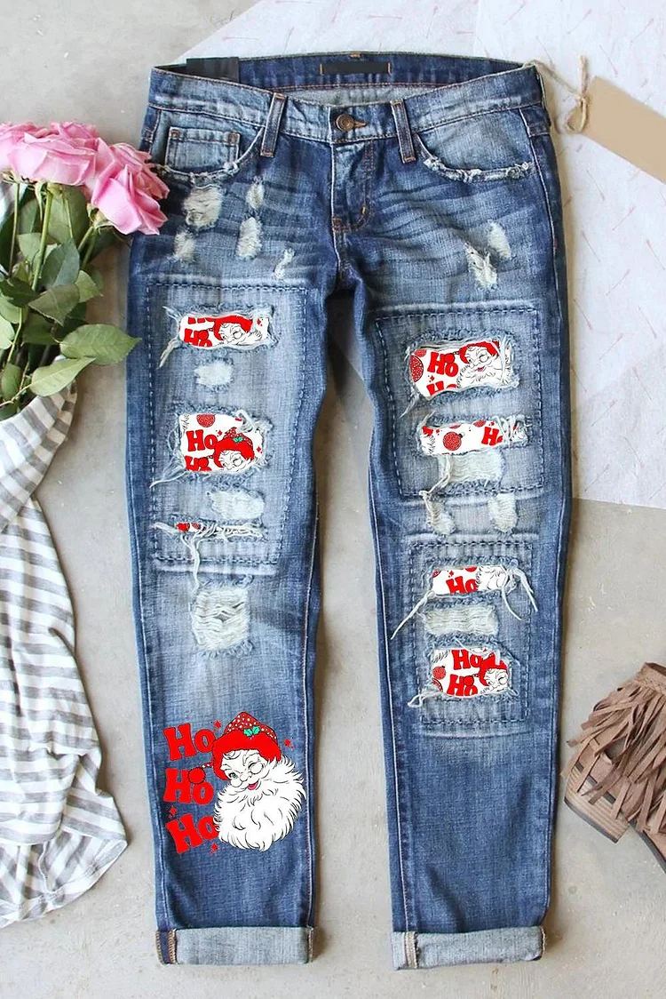 Santa Claus Graphic Mid Waist Ripped Jeans