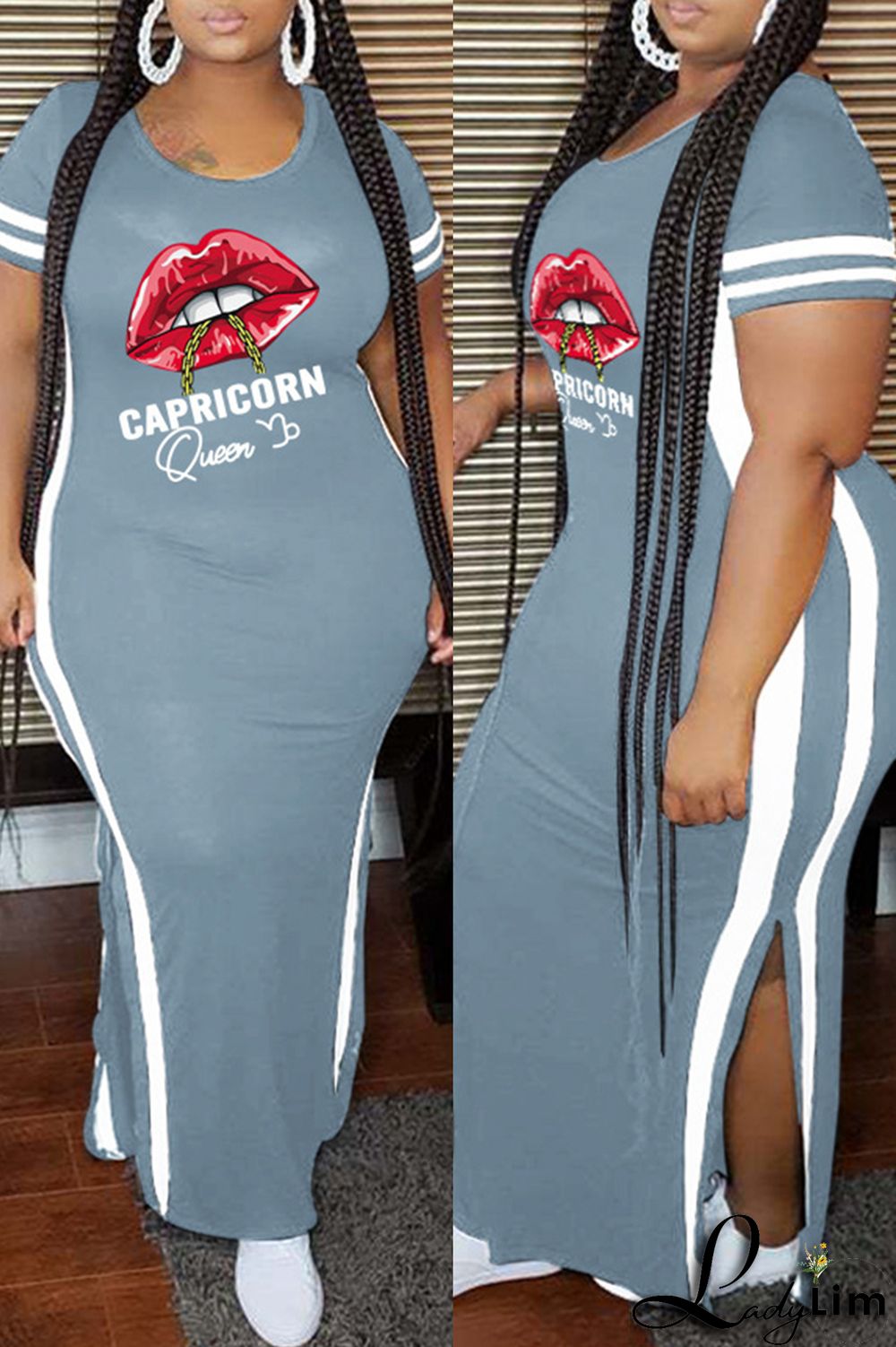 Pink Fashion Casual Plus Size Lips Printed Split Joint Slit O Neck Short Sleeve Dress