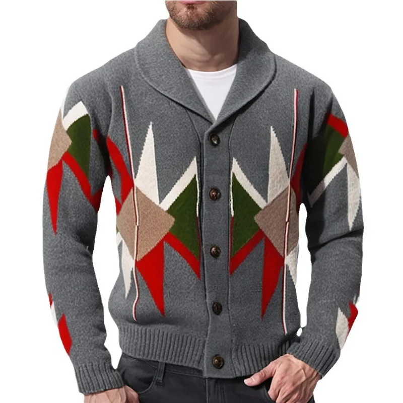 Uveng Uveng Men's Autumn And Winter Vintage Heavy Industry Plus Flower Sweater Collar Thick Knit Coat SY0137