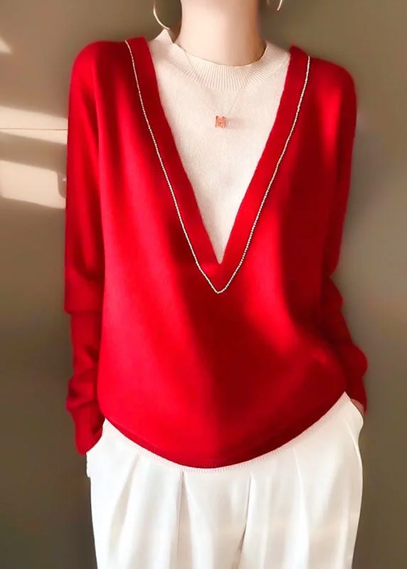 Casual Red Nail Bead Patchwork Fake Two Pieces Wool Knit Sweater Long Sleeve