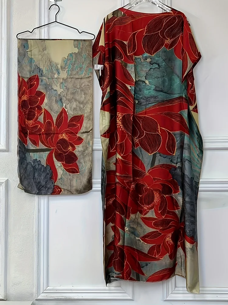 Women's Floral Kaftan Maxi Dress, Polyester 100% Long Length, Summer Beach Bohemian Style, Vacation Tunic With Belt, Woven Fabric, Conventional Collar - Middle East African Fashion